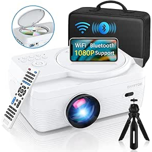 Full HD WiFi Bluetooth projektors ar iebūvētu DVD atskaņotāju, 9000LM 1080P atbalsts, pārnēsājams mini DVD projektors āra filmām, 250 collu mājas kinozāle, saderīgs ar iOS/Android/TV Stick