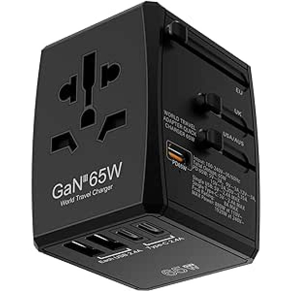 Binamao ceļojumu adapteris visā pasaulē, 65 W GaN ceļojumu spraudņa adapteris visā pasaulē, universālais ceļojumu adapteris, ātrs lādētājs 2USB-A un 3USB-C, starptautisks lādētājs ar Lielbritāniju/ES/AU/AS MacBook datoriem, klēpjdatorie