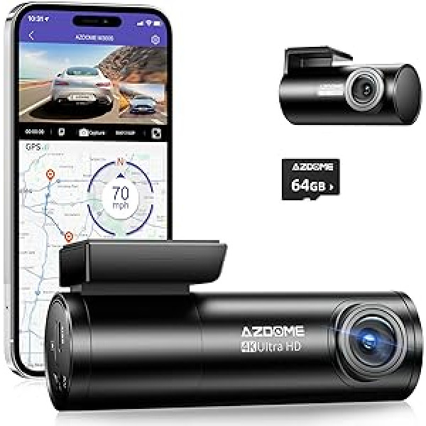 AZDOME Dash Cam ar atpakaļskata kameru [4K, 170° priekšā + 1080P, 150° aizmugurē] 5 GHz WiFi, GPS, angļu balss vadība, Super Night Vision, WDR, cilpas ierakstīšana, G-sensors, stāvvietas uzraudzības 64G Micro SD karte