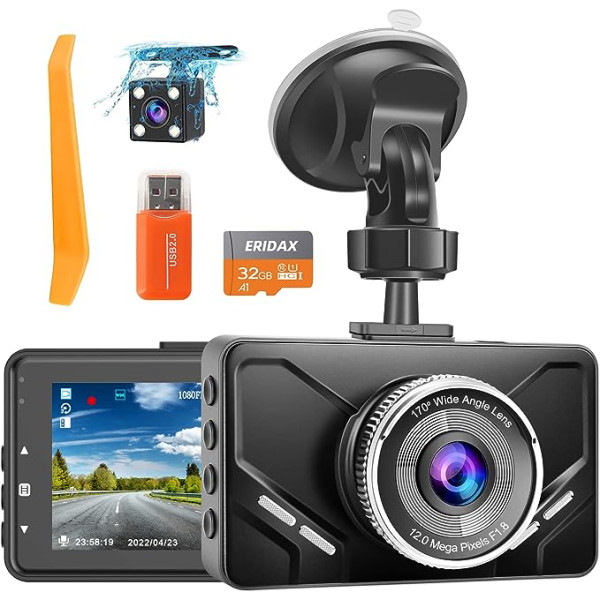 Dash Cam Auto priekšā un aizmugurē, Dual Dash Cam, Automašīnas kamera ar SD karti, FHD 1080P, 3 collu IPS ekrāns, Nakts redzamība, 170° platleņķis, G-sensors, cilpas ierakstīšana, kustības noteikšana, parkošanās uzraudzība, WDR