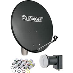 SCHWAIGER 714517 digitālā satelītantena ar 75 x 85 cm tērauda šķīvi (ogles), četru LNB (gaiši pelēku) un 4 x 7 mm F savienotājiem ar krāsu gredzeniem DVB-S/S2 uztveršanai Full HD, 3D un 4K (Ultra HD)