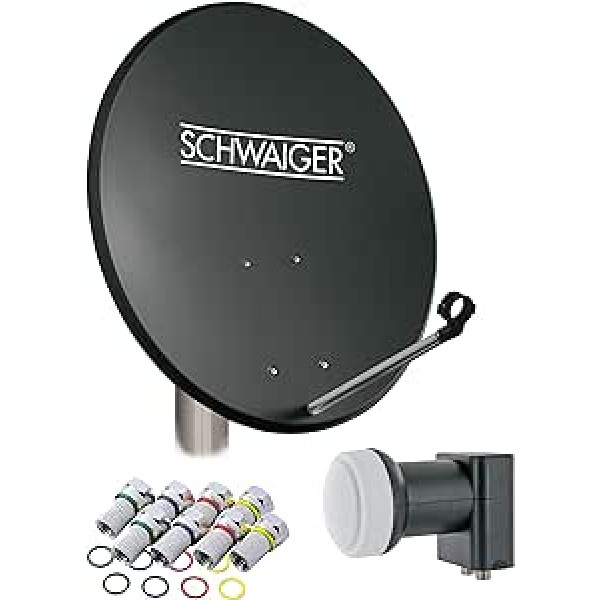 SCHWAIGER 714517 digitālā satelītantena ar 75 x 85 cm tērauda šķīvi (ogles), četru LNB (gaiši pelēku) un 4 x 7 mm F savienotājiem ar krāsu gredzeniem DVB-S/S2 uztveršanai Full HD, 3D un 4K (Ultra HD)