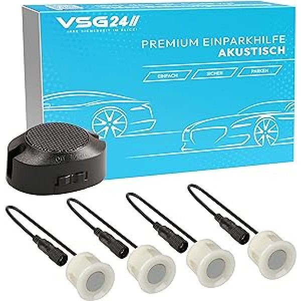 VSG 24 Premium aizmugures parkošanās palīgierīce aprīkošanai ar automašīnu, PDC aizmugurējie parkošanās sensori ar spraudņa sistēmu vienkāršākai uzstādīšanai, atpakaļgaitas signalizācija ar skaļruni un 4 sensori, nekrāsoti