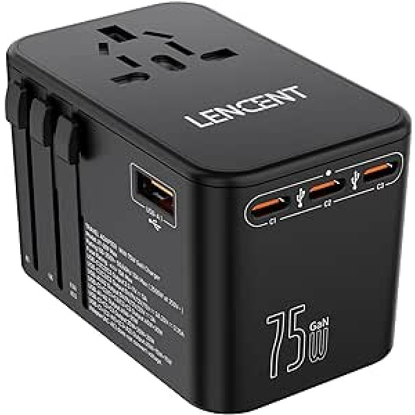 LENCENT 75 W universālais ceļojumu adapteris, GaN International ātrā lādētājs ar 3 PD3.0 Type C+2 QC USB A, pasaules mēroga adapteris mobilajiem tālruņiem, klēpjdatoriem, viss vienā ceļojumu adapteris ES/ASV/AK/AU ligzdām