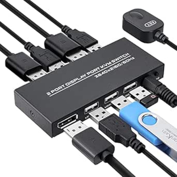 DisplayPort KVM Switch DP 2 porti 4K @ 60 Hz, DP USB KVM UHD monitora tastatūrai un pelei ar 2 DP kabeļiem un USB kabeļiem