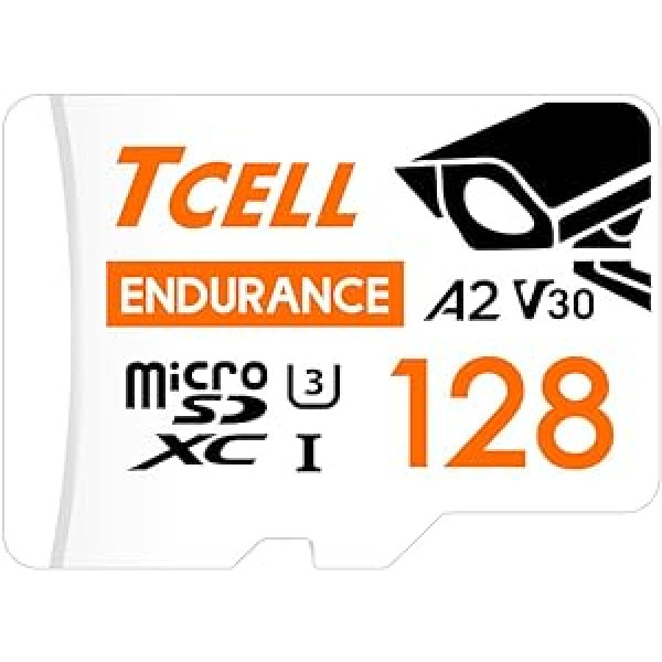 TCELL augstas izturības 128 GB MicroSDXC atmiņas karte ar adapteri kamerām, mājas novērošanai, CCTV A2, UHS-I U3, V30, 4K, Micro SD karte, lasīšanas/rakstīšanas ātrums līdz 100/80 MB/s, Full HD un 4K UHD microsd