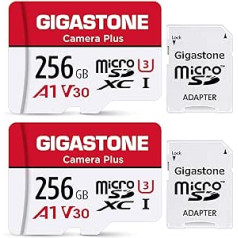 Gigastone Camera Plus 256GB MicroSDXC atmiņas karte 2 pack + SD adapteris darbības kamerai un drona lasīšanas ātrums līdz 100 MB/s, Full HD video ierakstīšana, A1 U3 klase 10 mikroSD karte UHS-I