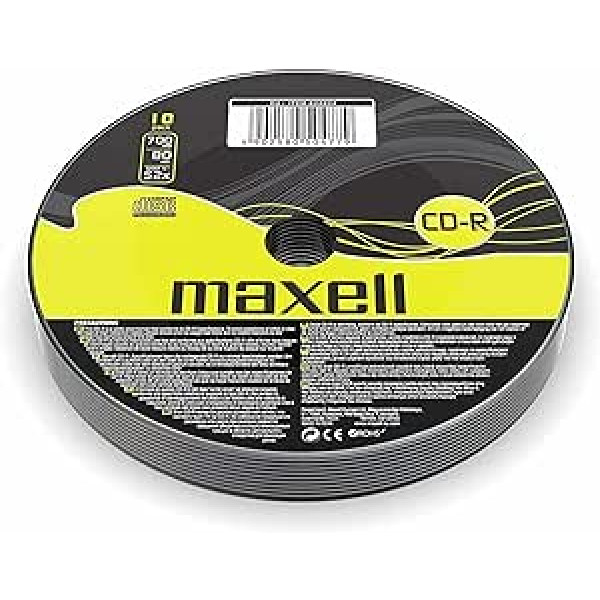 Maxell 624034 CD-R 80 XL Rohlinge (52 reizes ātrums, 700 MB, 10 er saraušanās) (10 disku komplekts — saraušanās iesaiņojums)