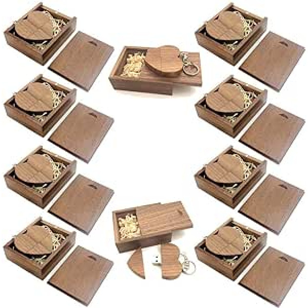 A Plus+ 10 Stück USB Speicherstick 32GB Holz Herz USB-Sticks mit Geschenkbox (Schlüsselring Angebracht)