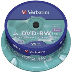 Verbatim DVD-RW 4x Matt Silver 4.7GB, 25er Pack Spindel, DVD Rohlinge beschreibbar, 4-fache Brenngeschwindigkeit & Hardcoat Scratch Guard, DVD leer, Rohlinge DVD wiederbeschreibbar