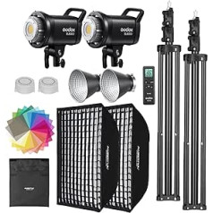 Godox SL60II-D LED video gaismas komplekts, 2 komplekti, nepārtrauktas gaismas komplekts, kvadrātveida režģa Softbox, gaismas statīvs, tālvadības pults un šūnveida režģis studijas video ierakstīšanai, filmēšanai, aplādei (2 gab.)