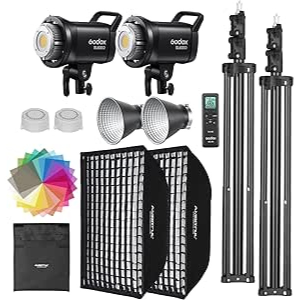 Godox SL60II-D LED Video Light Kit, 2 Pack, Continuous Light Set, Square Grid Softbox, Light Stand, Remote Control & Honeycomb Grid for Studio Video Recording, Filming, Podcast (2 Pieces)