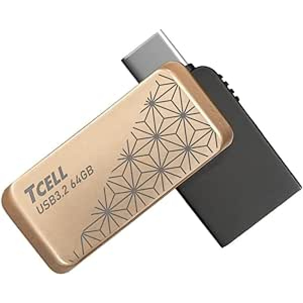 TCELL High Speed Dual Flash Drive with Zinc Alloy Design, Asanoha Gold 64GB, USB 3.2 Type-C OTG 2 in 1 for PC/Laptop/Phone/Tablet/iMac/MacBook/iPhone15/Tesla Sentry Mode