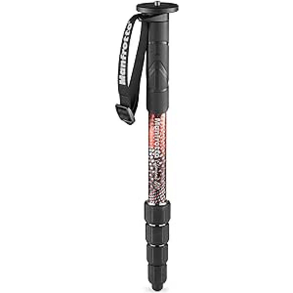 Manfrotto Element MII MMELMIIA5RD Viegls alumīnija ceļojumu monopods, sarkans, 5 segmentu plaukstas siksna, gumijas rokturis, pagriežamas slēdzenes Notur līdz 16 kg kompaktajām, bezspoguļa un DSLR kamerām