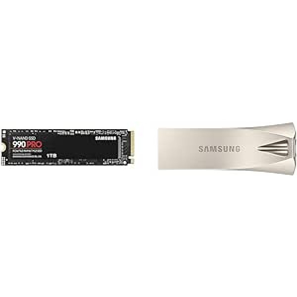 Samsung 990 PRO NVMe M.2 SSD & BAR Plus USB Flash Drive Type-A, 128 GB, 400 MB/s Read, 60 MB/s Write, Durable USB 3.1 Flash Drive with Key Ring, Champagne Silver, MUF-128BE3/APC