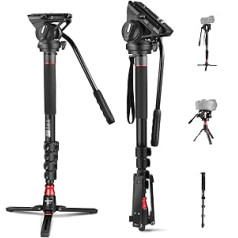 NEEWER GM76 profesionālas kameras monopods ar kājām, 179 cm teleskopisks pārnēsājams alumīnija ceļojumu monopods un grozāma noliekta šķidruma galva un noņemama statīva pamatne DSLR kamerai, maks. Slodze 6 kg