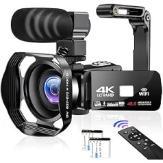 DREANNI videokamera 4K videokamera 48MP 60FPS WiFi videokamera 18X digitālā tālummaiņa ar IR nakts versiju Vlogging kamera 3,0 collu IPS skārienekrāns ar mikrofonu, objektīva pārsegu, 360° radio tālvadības pulti