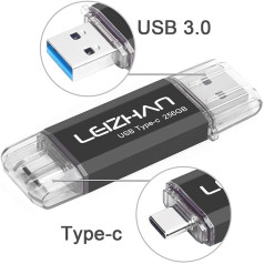 leizhan USB zibatmiņa 256 GB C tipa atmiņas karte OTG Memory Stick 2-in-1 zibatmiņas disks USB 3.0 pildspalvas diskdzinis personālajam datoram/klēpjdatoram/piezīmjdatoram un citam USB-C (256 GB, melns)