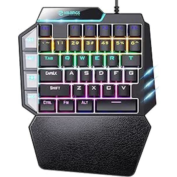 Hiwings vienas rokas RGB mehāniskā spēļu tastatūra, zils slēdzis, pārnēsājama mini spēļu tastatūra ar plaukstas balstu, RGB varavīksnes apgaismojums, 38 taustiņi, melns