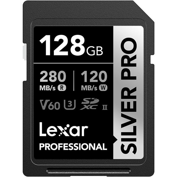 Lexar Silver Pro 128 GB SD atmiņas karte UHS-II V60 U3 C10 SDXC karte līdz 280 MB/s lasāma profesionāliem fotogrāfiem, videogrāfiem, entuziastiem (LSDSIPR128G-BNNAA)