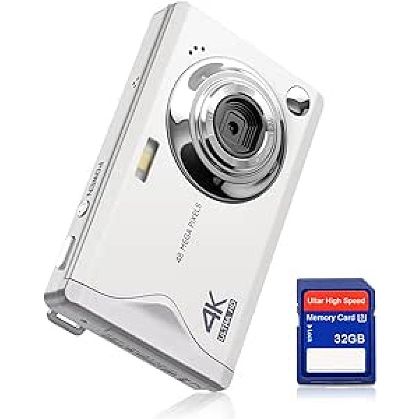 CCN digitālā kamera, 48MP 1080P FHD fotokamera ar 3,0 collu ekrānu, 16x digitālā tālummaiņa, pārnēsājama kompakta kamera ar 32 GB TF karti, USB kabelis, pusaudžiem, pieaugušajiem, iesācējiem, balts