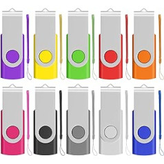 EASTBULL USB Stick 16 GB Pack of 10 USB 2.0 Rotatable Memory Sticks Drive Flash Drive with 10 Pieces Rope, Multicoloured