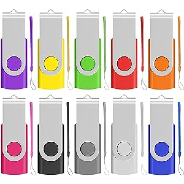 EASTBULL USB Stick 16 GB Pack of 10 USB 2.0 Rotatable Memory Sticks Drive Flash Drive with 10 Pieces Rope, Multicoloured