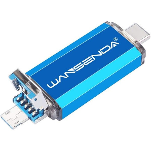 WANSENDA 128GB USB Flash Drive 3.0 OTG Memory Stick 3 in 1 USB 3.0 & Type C & Micro USB Flash Drive for PC/Laptop/Notebook and Other USB Devices (Blue)