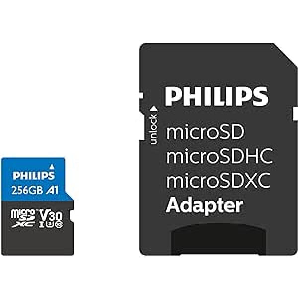 Philips Ultra Pro microSDXC karte 256 GB + SD adapteris UHS-I U3 Lasa līdz 100 MB/s A1 Fast App Performance V30 atmiņas karte viedtālruņiem, planšetdatoram, karšu lasītājam, 4K UHD video