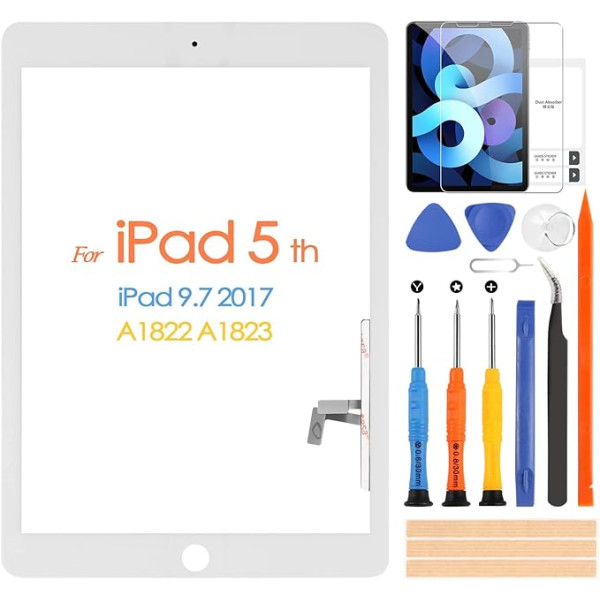 ARSSLY Jauns iPad 9.7 2017 A1822 A1823 digitizētāja ekrāns iPad 5 ar remonta komplektu, iPad 5 skārienjutīgā ekrāna nomaiņa (bez sākuma pogas, bez LCD displeja) (balts)