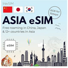 travSIM eSIM for Asia | 6GB Mobile Data | Free Roaming in China Japan, South Korea & 12 Other Regions in Asia | The Plan on Asia eSIM is Active for 10 Days