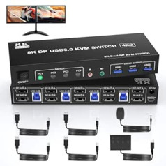 8K Displayport USB 3.0 KVM Switch 4PC 2 Monitors 8K@60Hz 4K@144Hz, 4 Port KVM Switch Dual Monitor DisplayPort ar Audio-Mikrofon-Ausgang un 3 USB 3.0-Anschlüssen, DP Monitor Switch