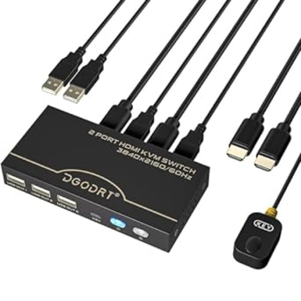 HDMI KVM slēdzis 2 portu, UHD 4K @ 60Hz RGB 4:4:4 USB HDMI KVM slēdzis 2 datoriem Kopīgojiet vienu monitoru, tastatūras peles printera skeneri ar HDMI kabeļiem un USB kabeli