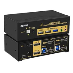 2 Port USB 3.0 KVM Switch Dual Monitor DisplayPort 1.4 4K@144Hz 5K@50/60Hz, 8K@30Hz for 2 Computers, PC Screen Keyboard, Mouse, Peripheral Audio Sharing Selector Box, with All Cables