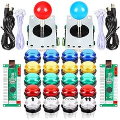 EG STARTS Arcade Classic DIY Kit Teile 2x USB-LED-Encoder zu PC Konsolen Spiele + 2x 4/8 Wege Joystick + 20x 5V beleuchtete Tasten für Mame Jamma (rot / blau Stick + MIX Farbtasten)