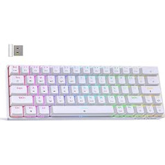 TMKB T63 spēļu mehāniskā bezvadu tastatūra ar zilu slēdzi, Bluetooth, 2.4G, ar kabeli, RGB fona apgaismojums, balts