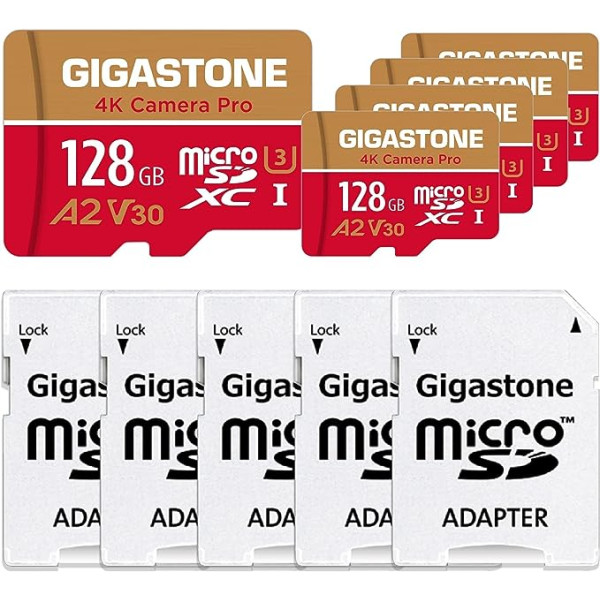 GIGASTONE 128GB 5 pack Micro SD karte, 4K Camera Pro Max, līdz 120/80 MB/s, MicroSDXC atmiņas karte Gopro Drone DJI slēdzim, A2 V30 U3 + adapteris