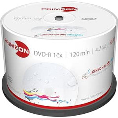 PRIMEON DVD-R 4,7 GB/120 min/16 x Cakebox, fotouz diska īpaši spīdīgs, ūdensizturīgs, tintes pilna izmēra drukājama virsma (50 diski)