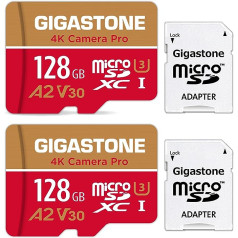 [5 gadu bezmaksas datu atkopšana] Gigastone 4K Camera Pro 128GB MicroSDXC atmiņas karte 2 pakotnēs un SD adapteris, saderīgs ar GoPro slēdzi, ātrums 100 MB/s, A2 U3 V30 micro SD karte