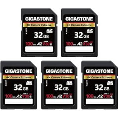 Gigastone 5 Pack A2 V30 SDHC Memory Card 32GB 4K Extreme Camera Speed 100MB/s Compatible with Canon Nikon Sony Panasonic U3 UHS-I C10 for 4K UHD Video with 5 Mini Cases