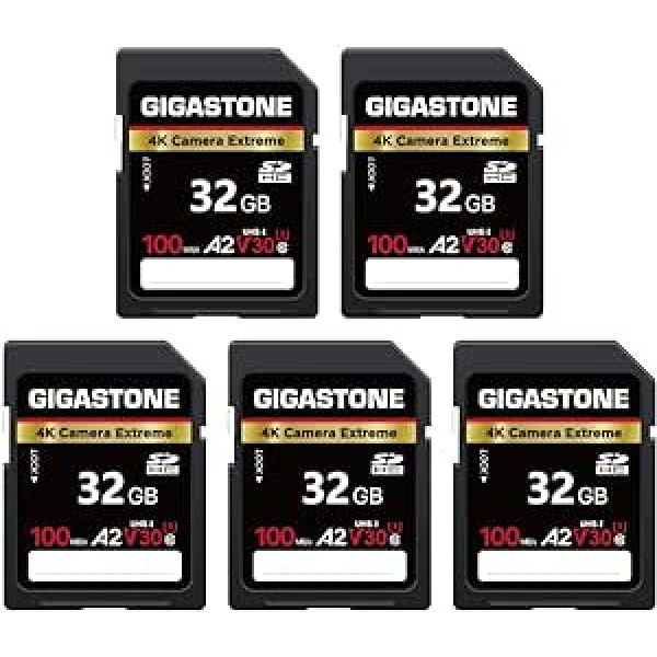 Gigastone 5 Pack A2 V30 SDHC atmiņas karte 32GB 4K Extreme kameras ātrums 100MB/s Savietojams ar Canon Nikon Sony Panasonic U3 UHS-I C10 4K UHD video ar 5 mini futrāļiem