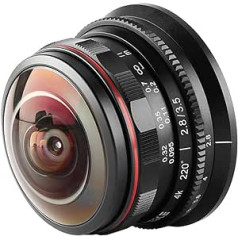 Meike MK-3.5mm F2.8 īpaši plata leņķa zivs acs objektīvs Olympus Panasonic Lumix MFT Micro Four Thirds 4/3 stiprinājuma bezspoguļkamerai, melns, Venidice tīrīšanas lupatiņa