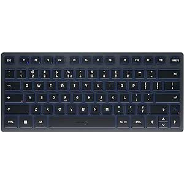 CHERRY KW 7100 Mini BT kompakta vairāku ierīču tastatūra ar 3 Bluetooth kanāliem ASV starptautiskais izkārtojums (QWERTY) plakans dizains ar pārnēsāšanas futrāli šīfera zilā krāsā