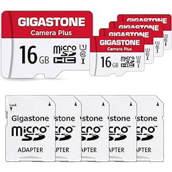 Gigastone Camera Plus 16GB MicroSDHC Memory Card Pack of 5 + SD Adapter for Action Camera and Drone, Read Speed up to 85MB/s, Full HD Video Recording, U1 Class 10 Micro SD Card UHS-I