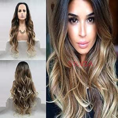 Sylvia Ombre blonda mežģīņu parūka 61 cm Ombre parūka ar blondu mežģīņu gariem viļņotiem sintētiskiem matiem, dabīgiem bez līmes, bez šķiršanās, 180% blīvuma mati sievietēm