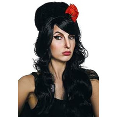 Allaura АЛЛАУРА - Черный парик-улей + Красный цветок + Черный пышный парик-улей Длинный черный парик Вьющиеся парики для костюмов 90-х годов для ж