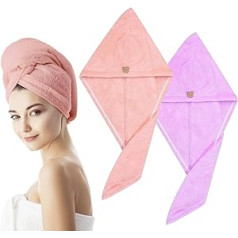 Yibaijia 2 Pack Hair Towel Wraps Microfiber Quick Dry Hair Turban Towels Super Absorbent Quick Dry Matu Dvieļi Sievietēm Bērniem Gariem Bieziem Matiem - Rozā/Violeta