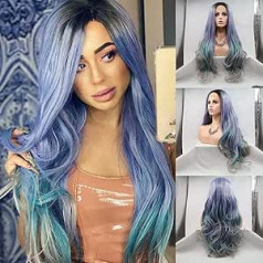 Rainahair Ombre sintētiskās mežģīņu priekšējās parūkas ķermeņa vilnis tumši saknes līdz purpursarkanai zilai pelēkai krāsaina parūka karstumizturīga sintētiska mežģīņu priekšējā parūka sievietēm 24 collas (Ombre zila)