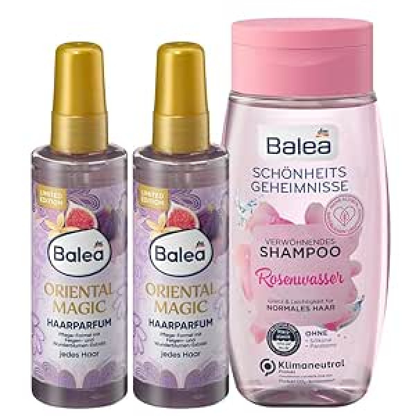 Balea komplekts no 3 matu kopšanai: Matu smaržas Oriental Magic dabiskam spīdumam ar elegantu austrumu aromātu bez silikona (2 x 100 ml) + šampūns Beauty Secrets rožu ūdens (250 ml) 450 ml