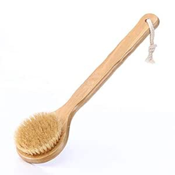 Hikin Long Handle Body Brush 32cm Natural Bristle Bath Shower Brush with Non-Slip Wooden Handle Ideal for Exfoliating Blood Circulation Detox Cellulite etc